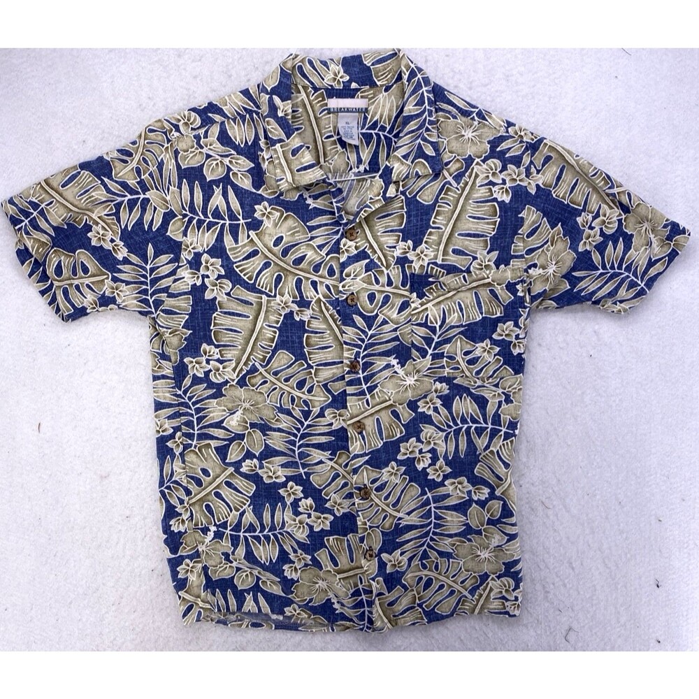 Breakwater Youth XL Aloha Shirt Blue Hibiscus Palm Tropical Rayon Camp